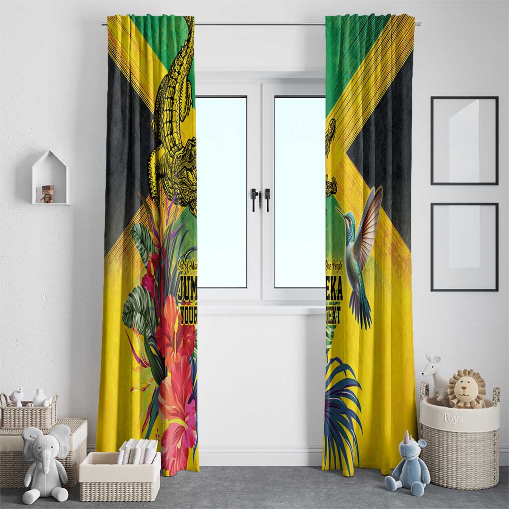 Personalized Jamaica Crocodile Hummingbird Window Curtain Tropical Flowers Grunge Flag - Wonder Print Shop