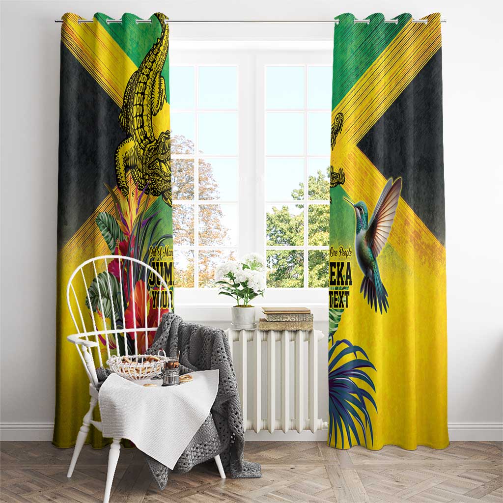 Personalized Jamaica Crocodile Hummingbird Window Curtain Tropical Flowers Grunge Flag - Wonder Print Shop