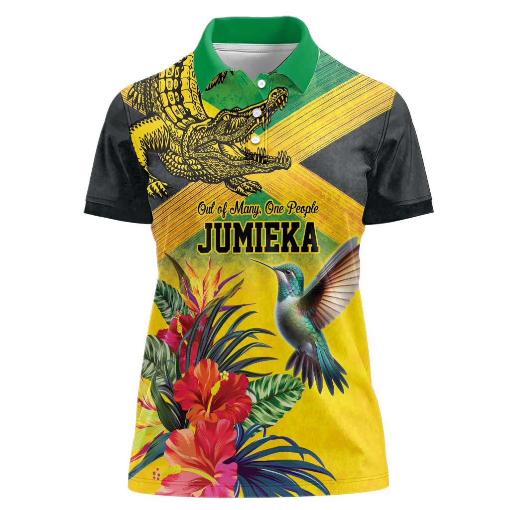Personalized Jamaica Crocodile Hummingbird Women Polo Shirt Tropical Flowers Grunge Flag - Wonder Print Shop