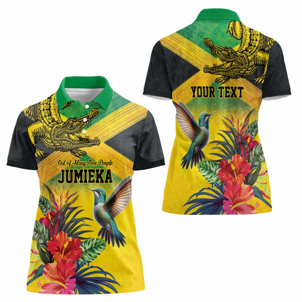Personalized Jamaica Crocodile Hummingbird Women Polo Shirt Tropical Flowers Grunge Flag - Wonder Print Shop