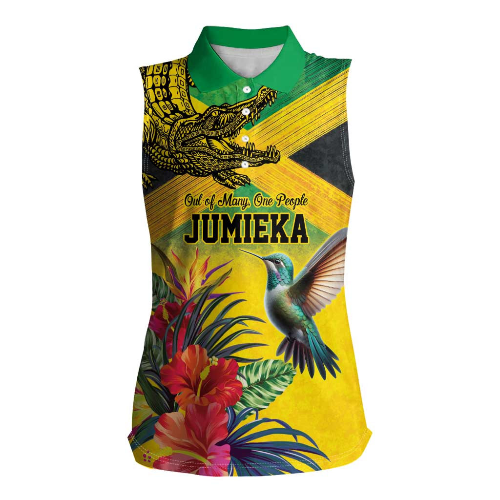 Personalized Jamaica Crocodile Hummingbird Women Sleeveless Polo Shirt Tropical Flowers Grunge Flag - Wonder Print Shop
