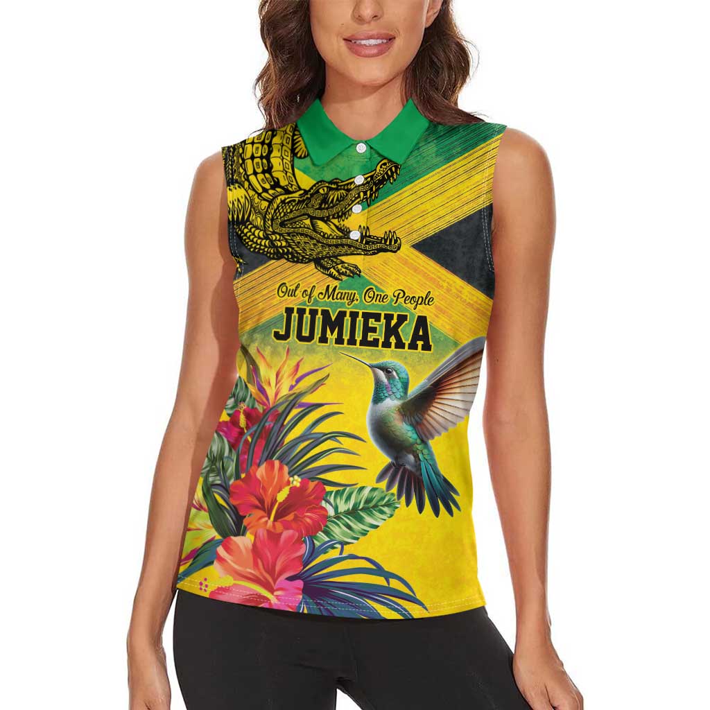 Personalized Jamaica Crocodile Hummingbird Women Sleeveless Polo Shirt Tropical Flowers Grunge Flag - Wonder Print Shop