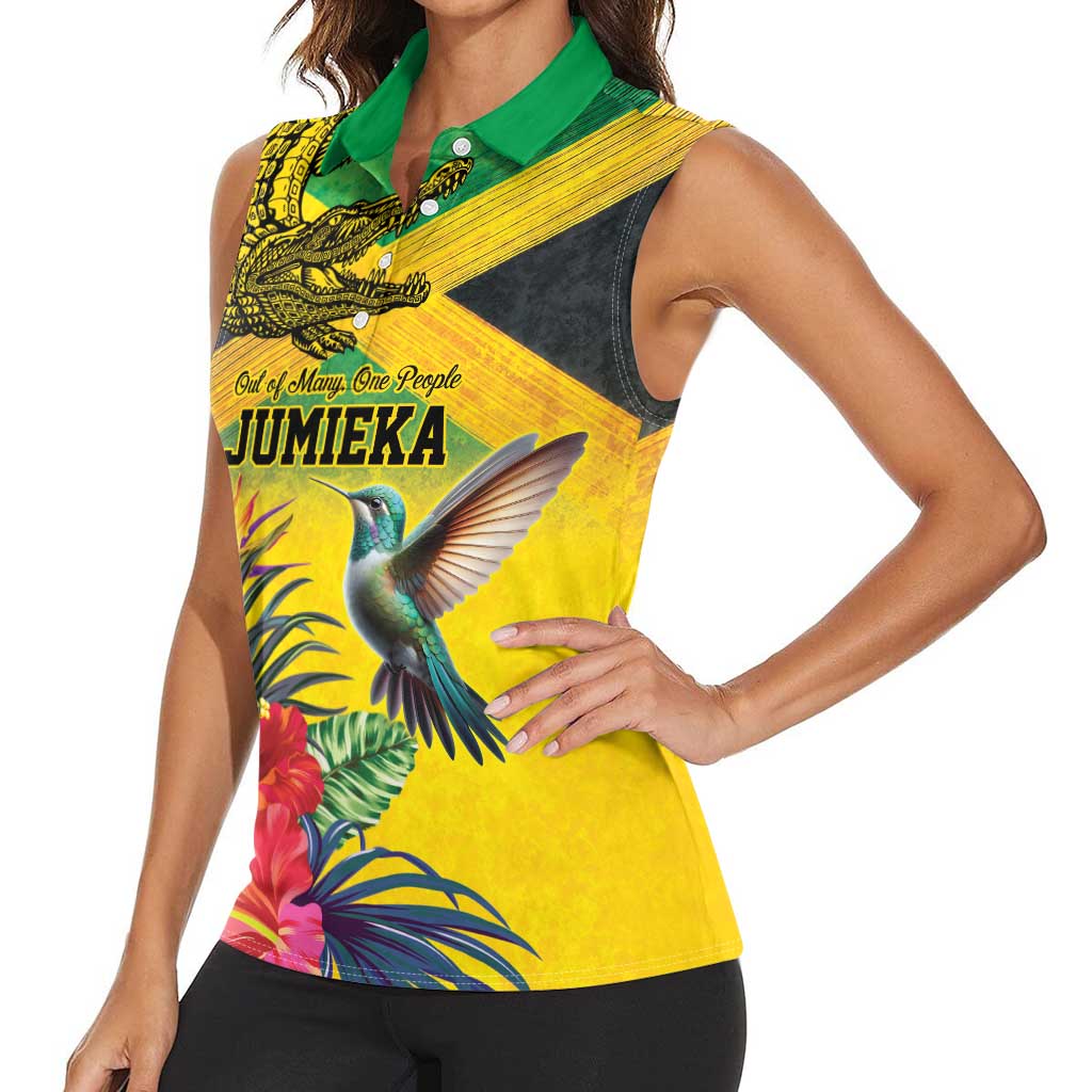Personalized Jamaica Crocodile Hummingbird Women Sleeveless Polo Shirt Tropical Flowers Grunge Flag - Wonder Print Shop