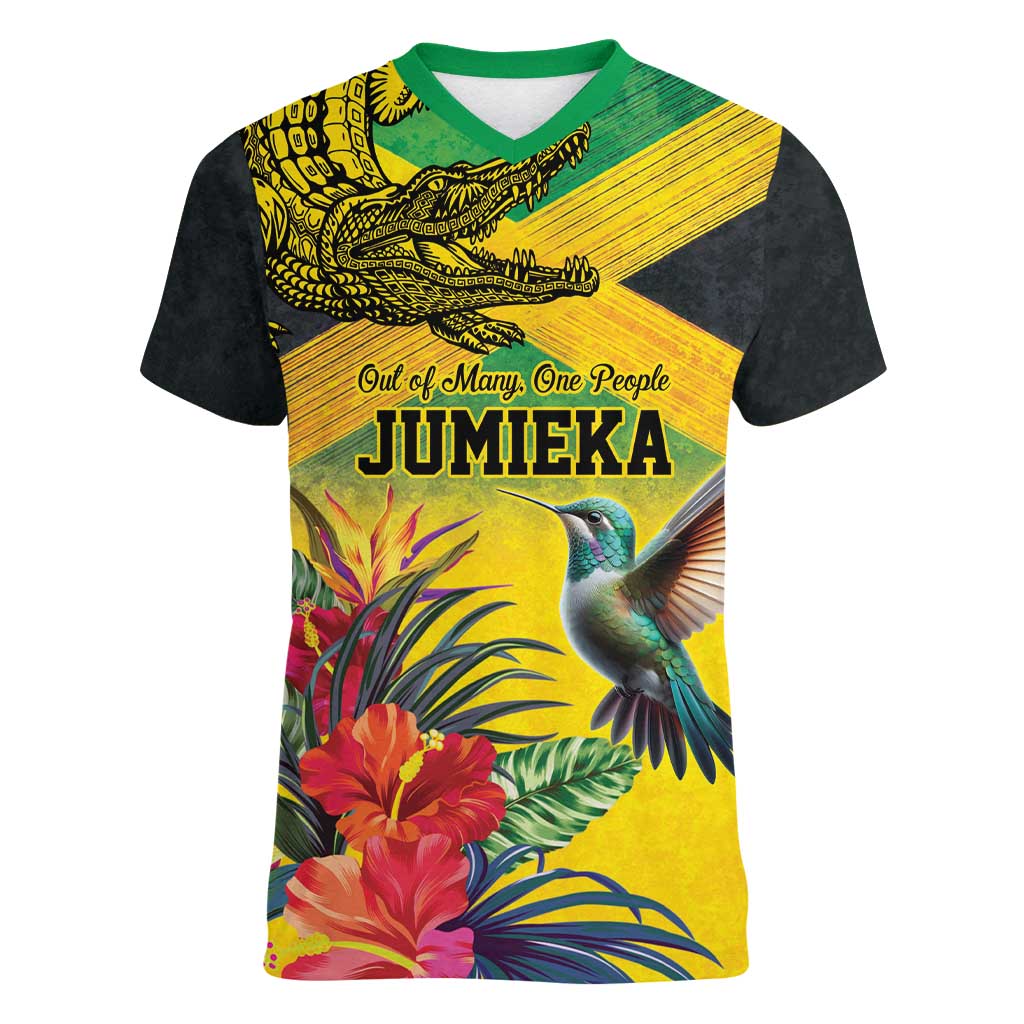 Personalized Jamaica Crocodile Hummingbird Women V-Neck T-Shirt Tropical Flowers Grunge Flag - Wonder Print Shop