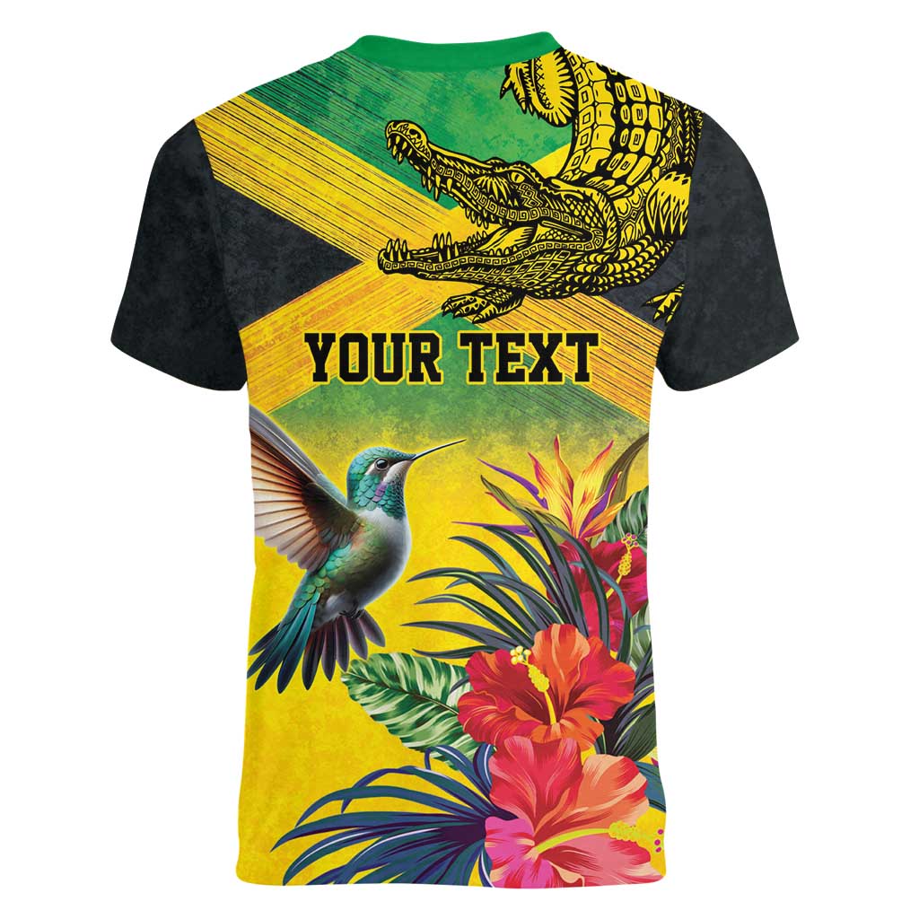 Personalized Jamaica Crocodile Hummingbird Women V-Neck T-Shirt Tropical Flowers Grunge Flag - Wonder Print Shop