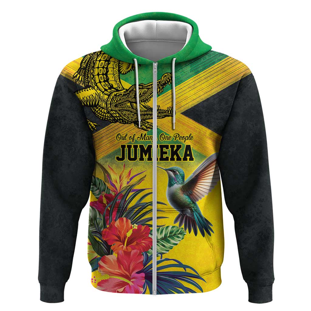 Personalized Jamaica Crocodile Hummingbird Zip Hoodie Tropical Flowers Grunge Flag - Wonder Print Shop