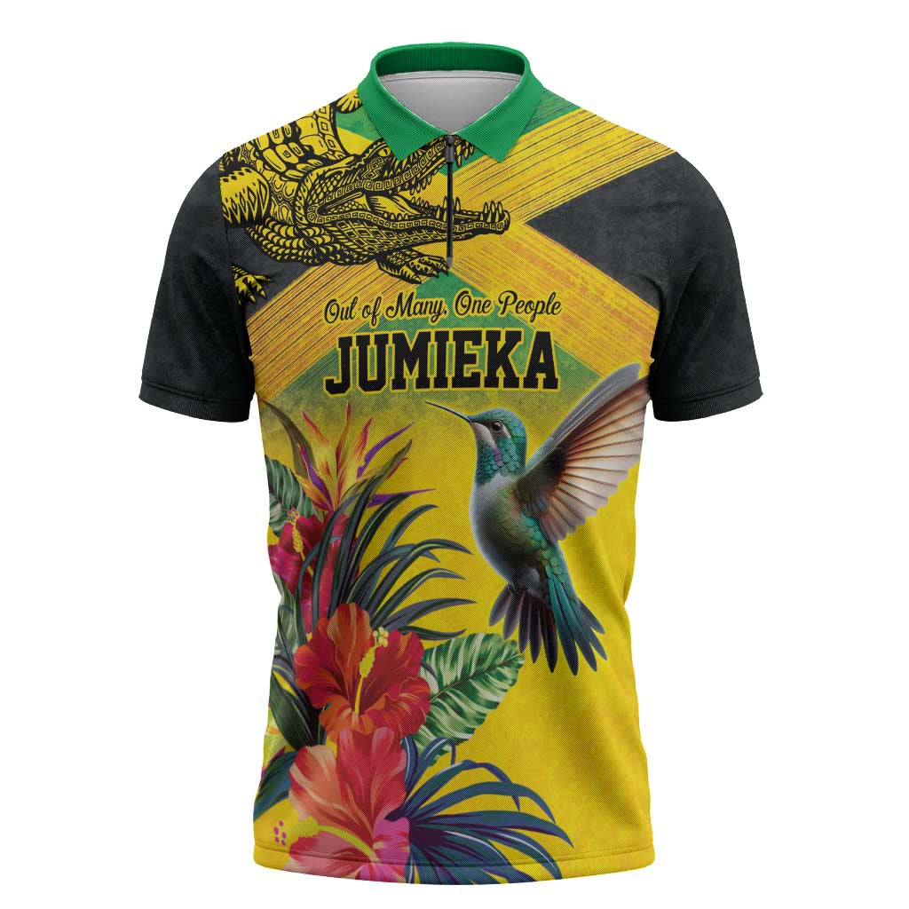 Personalized Jamaica Crocodile Hummingbird Zipper Polo Shirt Tropical Flowers Grunge Flag - Wonder Print Shop
