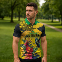 Personalized Jamaica Crocodile Hummingbird Zipper Polo Shirt Tropical Flowers Grunge Flag - Wonder Print Shop