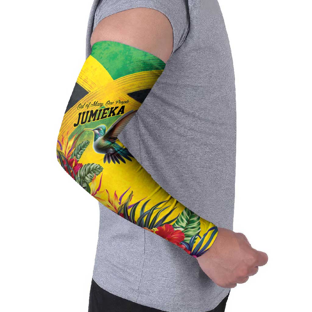 Personalized Jamaica Hummingbird Arm Sleeves Tropical Flowers Grunge Flag - Wonder Print Shop