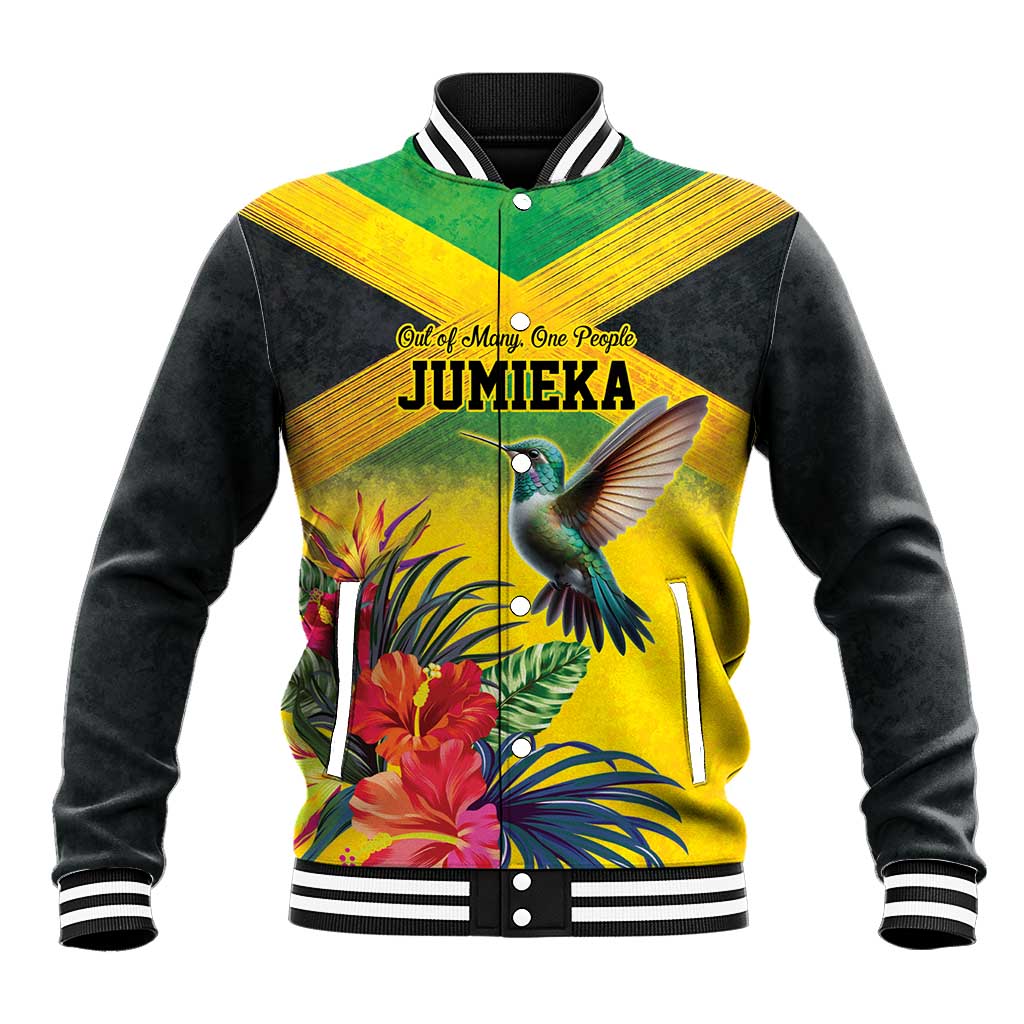 Personalized Jamaica Hummingbird Baseball Jacket Tropical Flowers Grunge Flag - Wonder Print Shop