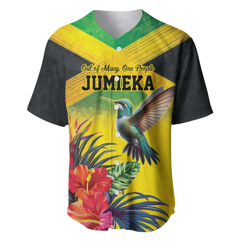 Personalized Jamaica Hummingbird Baseball Jersey Tropical Flowers Grunge Flag - Wonder Print Shop