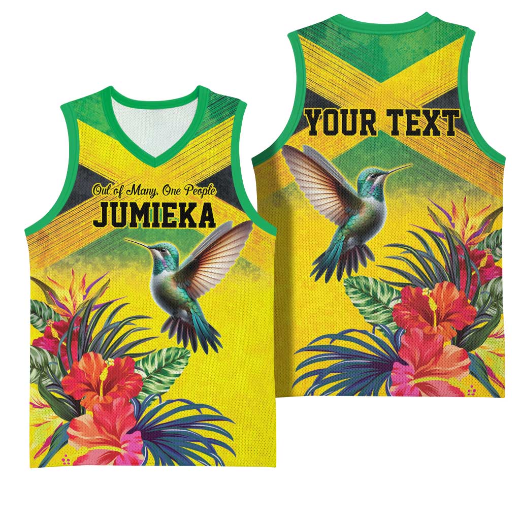 Personalized Jamaica Hummingbird Basketball Jersey Tropical Flowers Grunge Flag - Wonder Print Shop