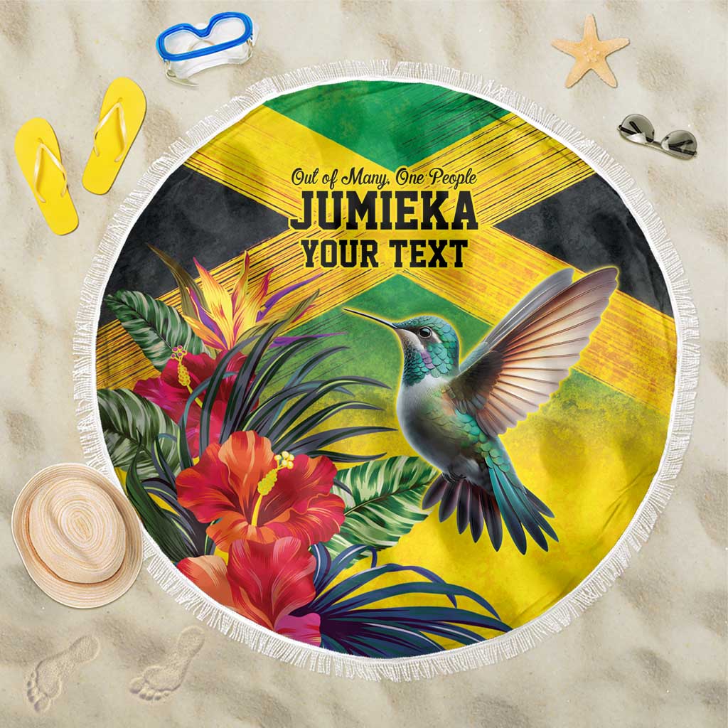 Personalized Jamaica Hummingbird Beach Blanket Tropical Flowers Grunge Flag - Wonder Print Shop