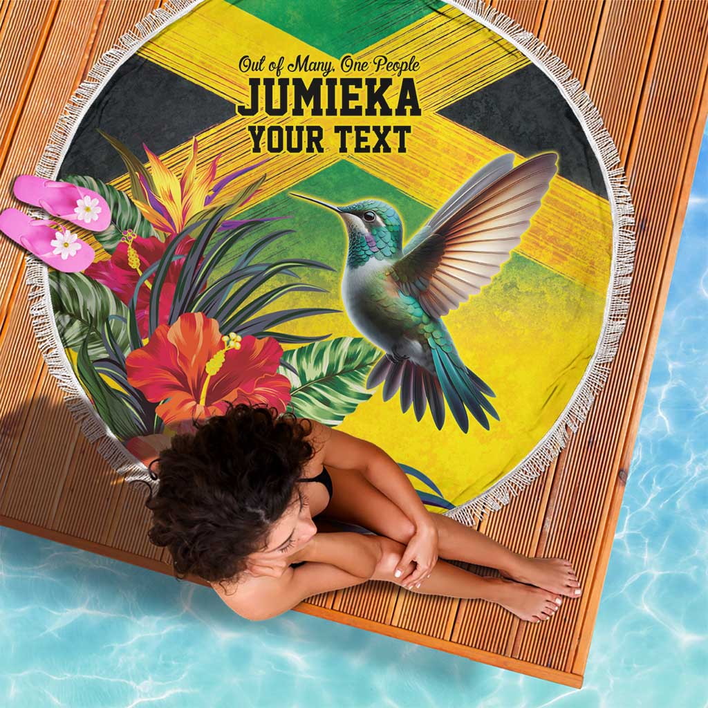 Personalized Jamaica Hummingbird Beach Blanket Tropical Flowers Grunge Flag - Wonder Print Shop
