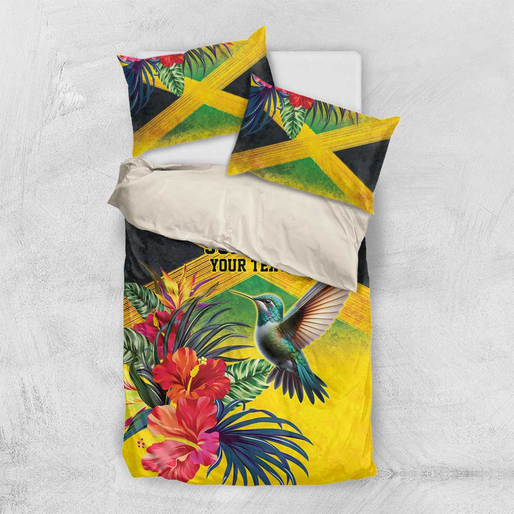 Personalized Jamaica Hummingbird Bedding Set Tropical Flowers Grunge Flag - Wonder Print Shop