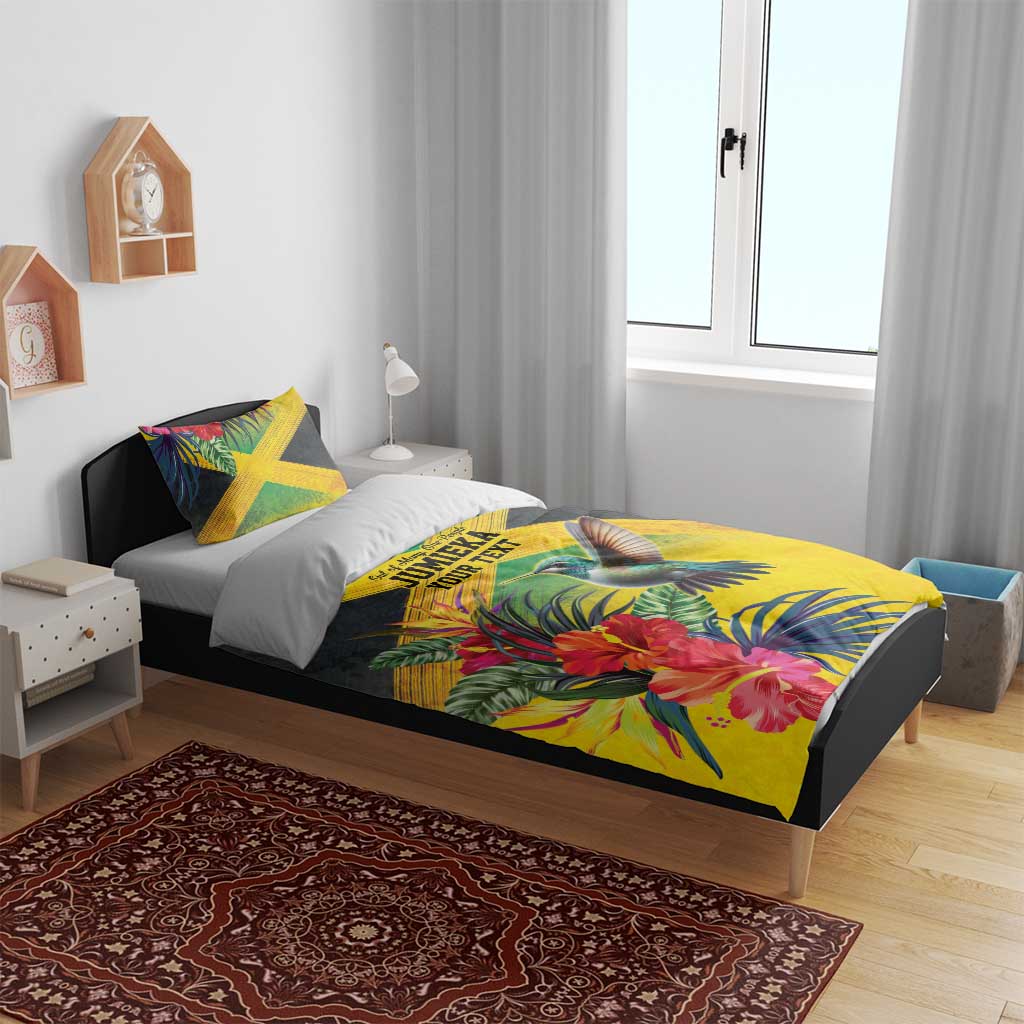 Personalized Jamaica Hummingbird Bedding Set Tropical Flowers Grunge Flag - Wonder Print Shop