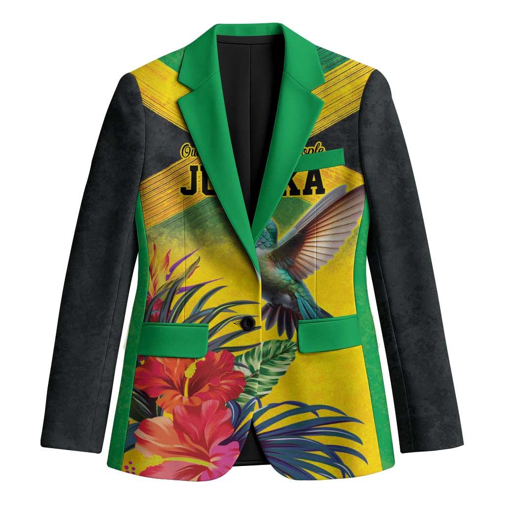 Personalized Jamaica Hummingbird Blazer Tropical Flowers Grunge Flag - Wonder Print Shop
