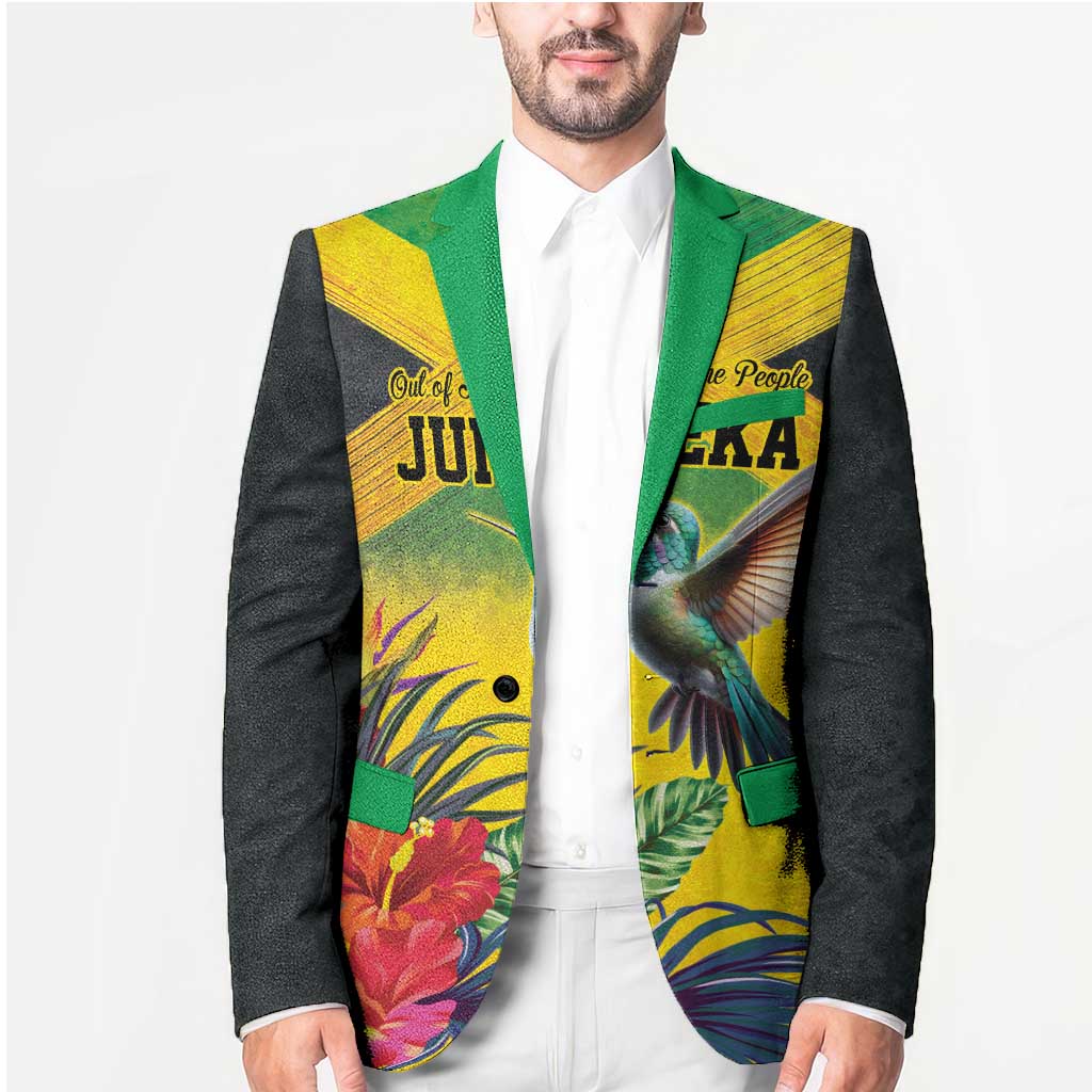 Personalized Jamaica Hummingbird Blazer Tropical Flowers Grunge Flag - Wonder Print Shop