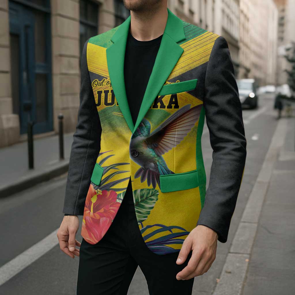 Personalized Jamaica Hummingbird Blazer Tropical Flowers Grunge Flag - Wonder Print Shop