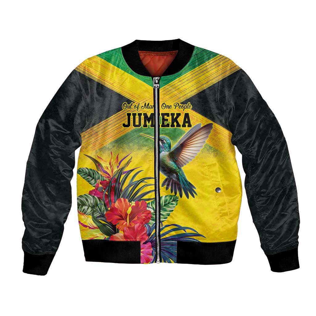 Personalized Jamaica Hummingbird Bomber Jacket Tropical Flowers Grunge Flag - Wonder Print Shop