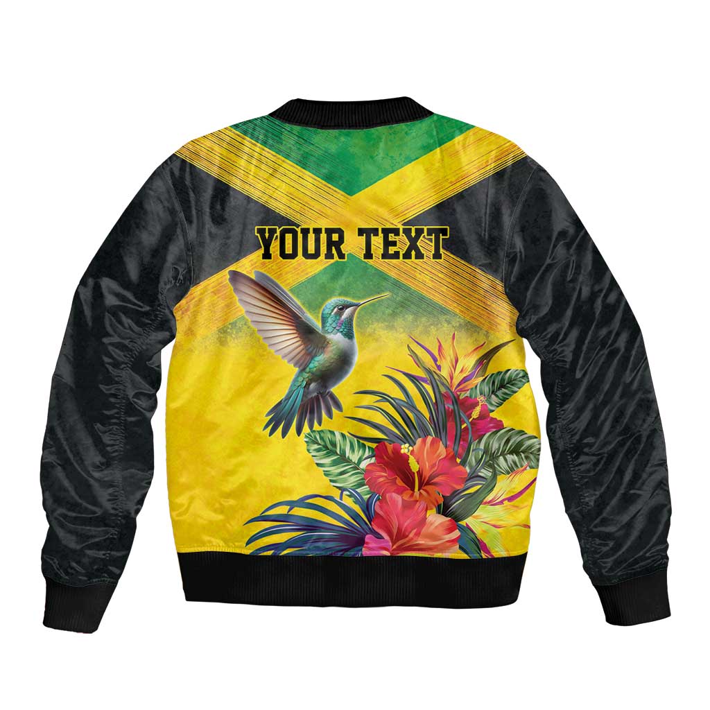 Personalized Jamaica Hummingbird Bomber Jacket Tropical Flowers Grunge Flag - Wonder Print Shop