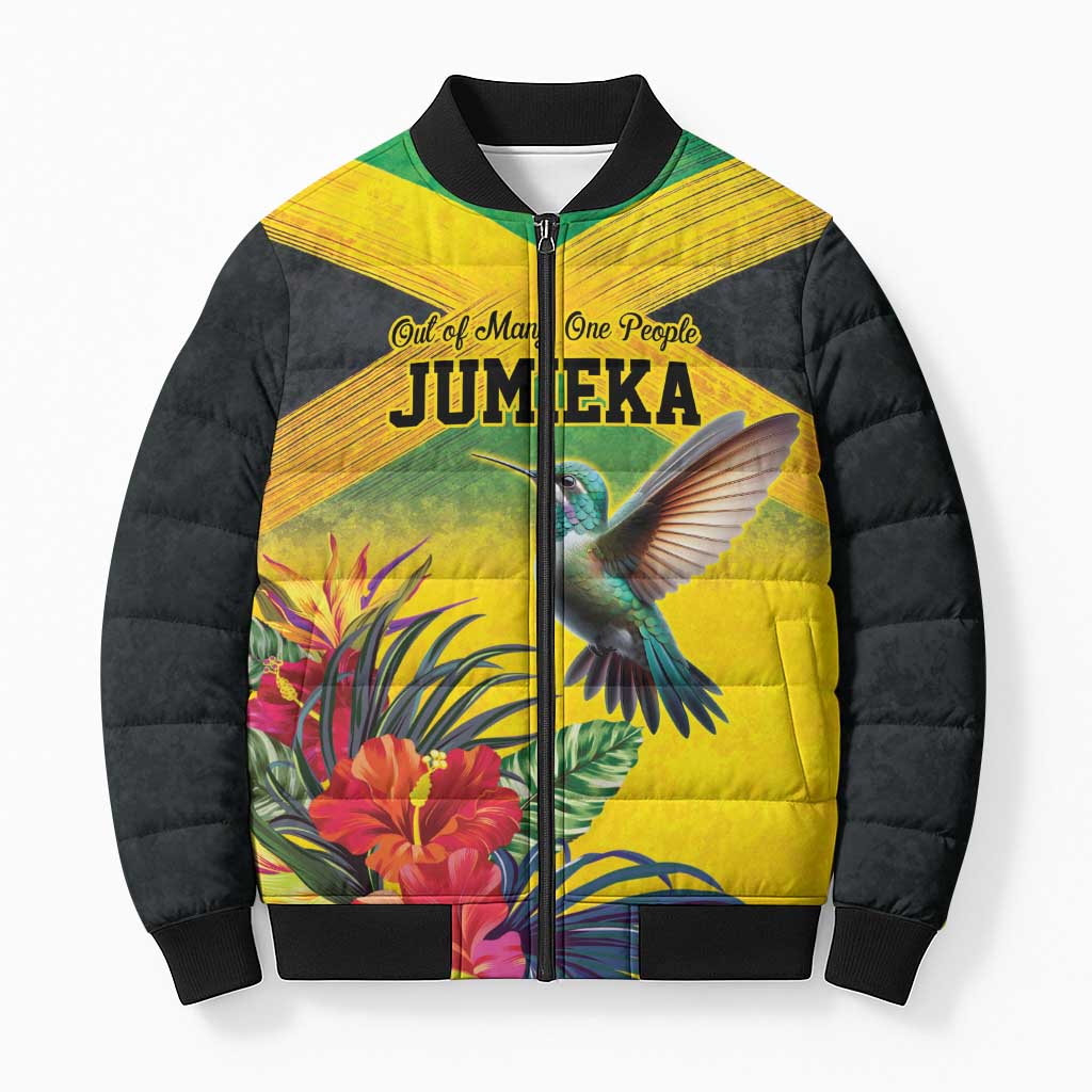 Personalized Jamaica Hummingbird Bomber Puffer Jacket Tropical Flowers Grunge Flag - Wonder Print Shop