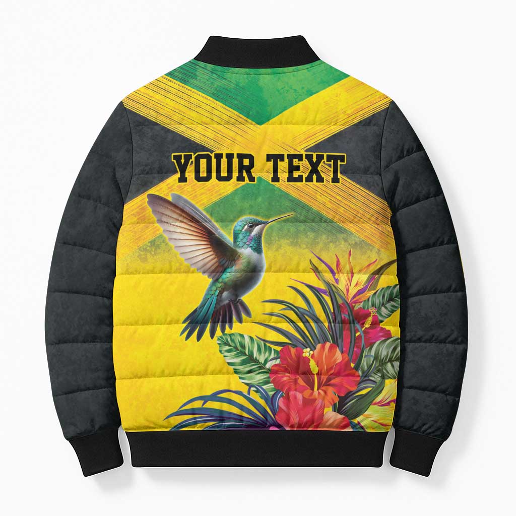 Personalized Jamaica Hummingbird Bomber Puffer Jacket Tropical Flowers Grunge Flag - Wonder Print Shop