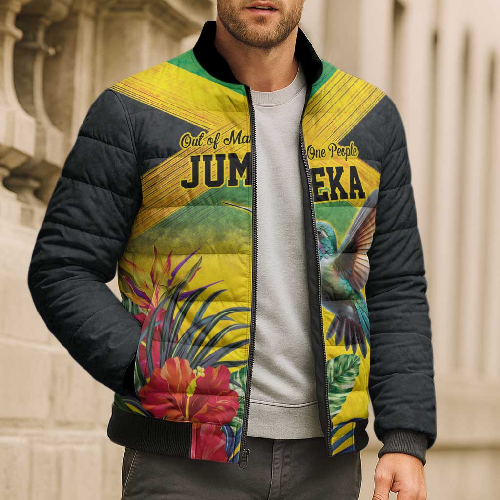 Personalized Jamaica Hummingbird Bomber Puffer Jacket Tropical Flowers Grunge Flag - Wonder Print Shop