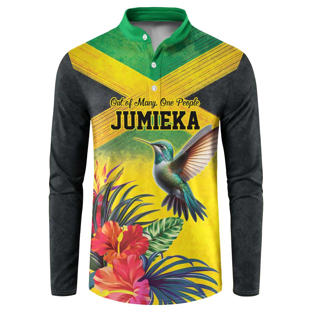 Personalized Jamaica Hummingbird Button Sweatshirt Tropical Flowers Grunge Flag - Wonder Print Shop