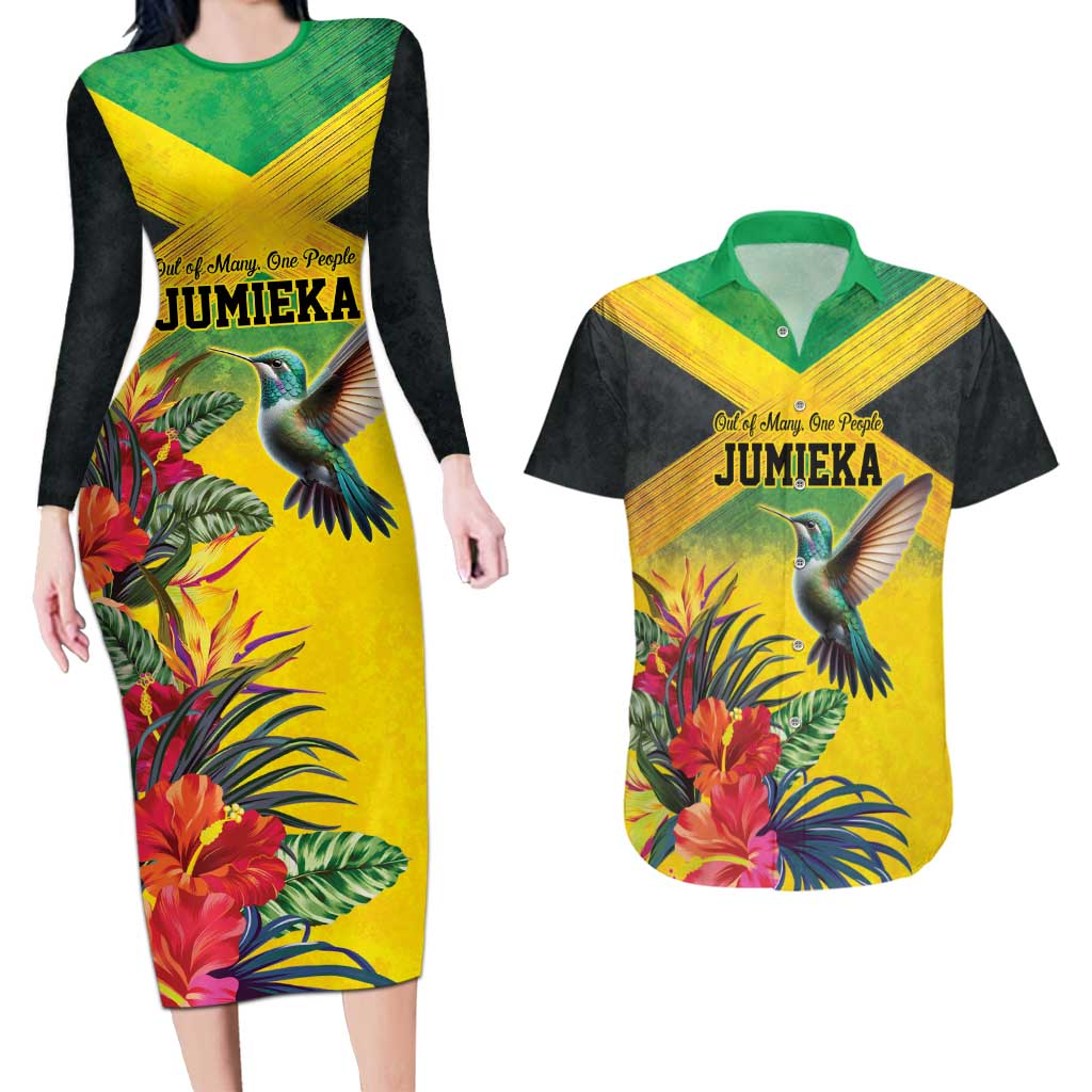 Personalized Jamaica Hummingbird Couples Matching Long Sleeve Bodycon Dress and Hawaiian Shirt Tropical Flowers Grunge Flag - Wonder Print Shop