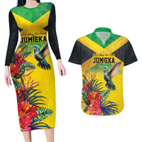 Personalized Jamaica Hummingbird Couples Matching Long Sleeve Bodycon Dress and Hawaiian Shirt Tropical Flowers Grunge Flag - Wonder Print Shop