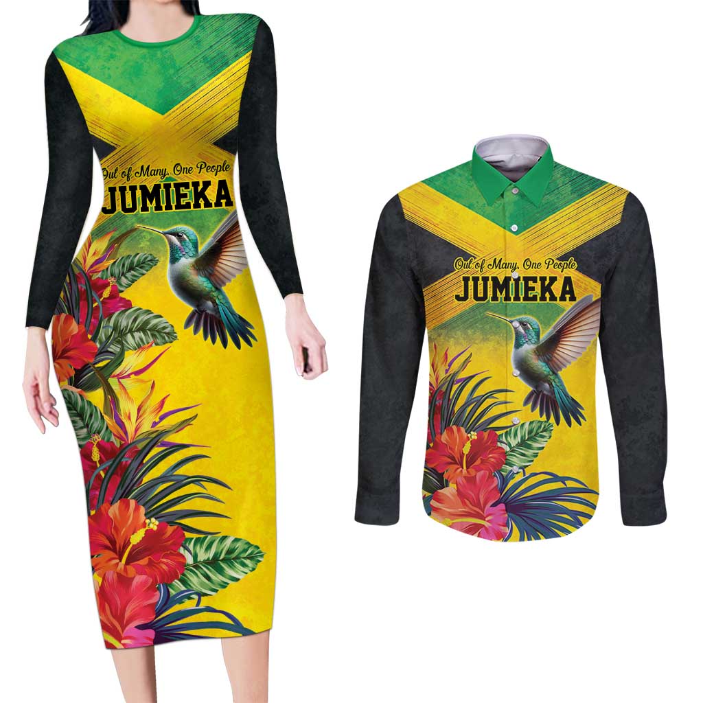 Personalized Jamaica Hummingbird Couples Matching Long Sleeve Bodycon Dress and Long Sleeve Button Shirt Tropical Flowers Grunge Flag - Wonder Print Shop