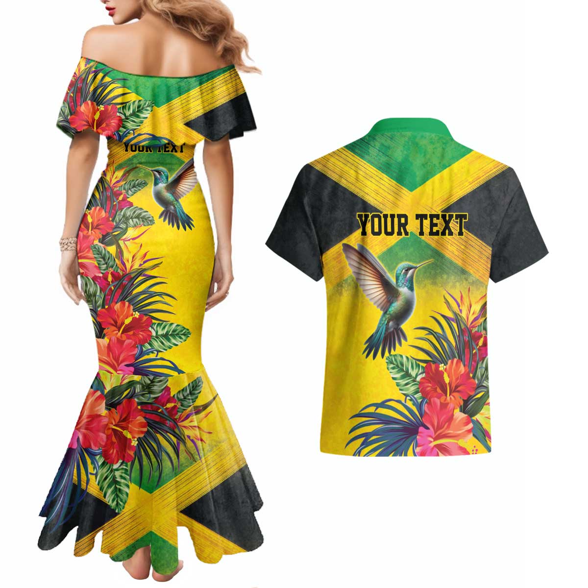 Personalized Jamaica Hummingbird Couples Matching Mermaid Dress and Hawaiian Shirt Tropical Flowers Grunge Flag - Wonder Print Shop