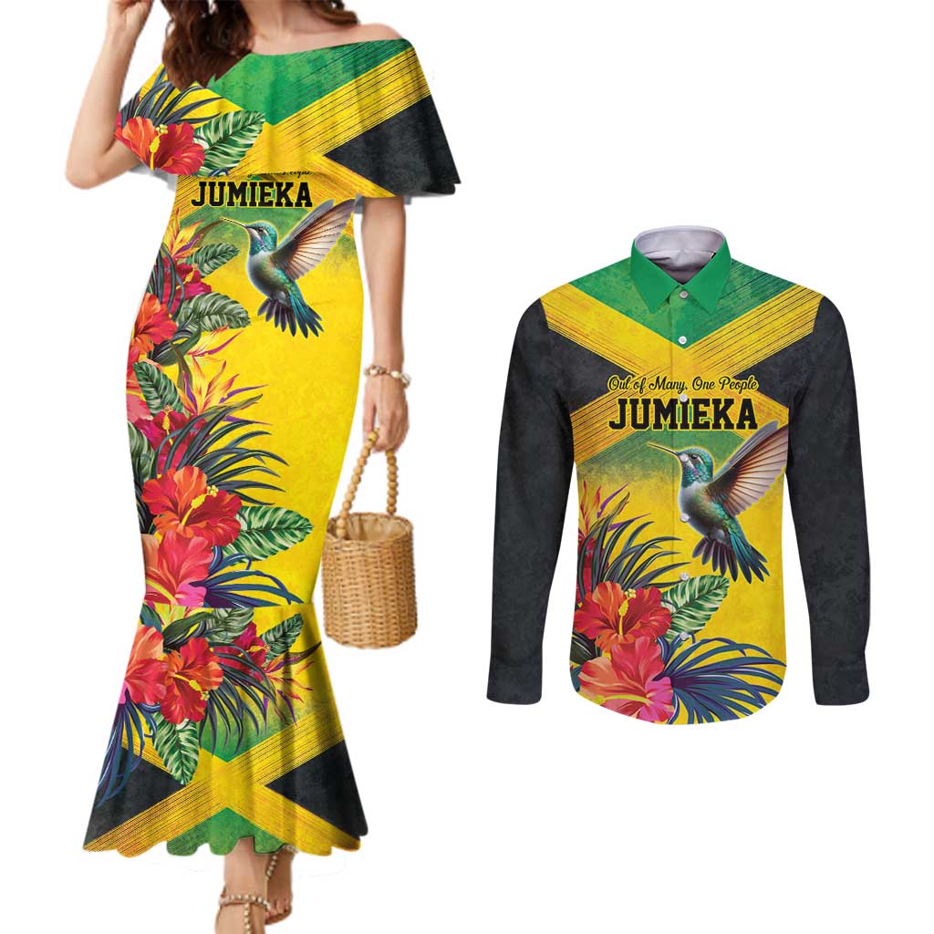 Personalized Jamaica Hummingbird Couples Matching Mermaid Dress and Long Sleeve Button Shirt Tropical Flowers Grunge Flag - Wonder Print Shop