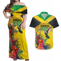 Personalized Jamaica Hummingbird Couples Matching Off Shoulder Maxi Dress and Hawaiian Shirt Tropical Flowers Grunge Flag - Wonder Print Shop