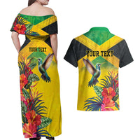 Personalized Jamaica Hummingbird Couples Matching Off Shoulder Maxi Dress and Hawaiian Shirt Tropical Flowers Grunge Flag - Wonder Print Shop