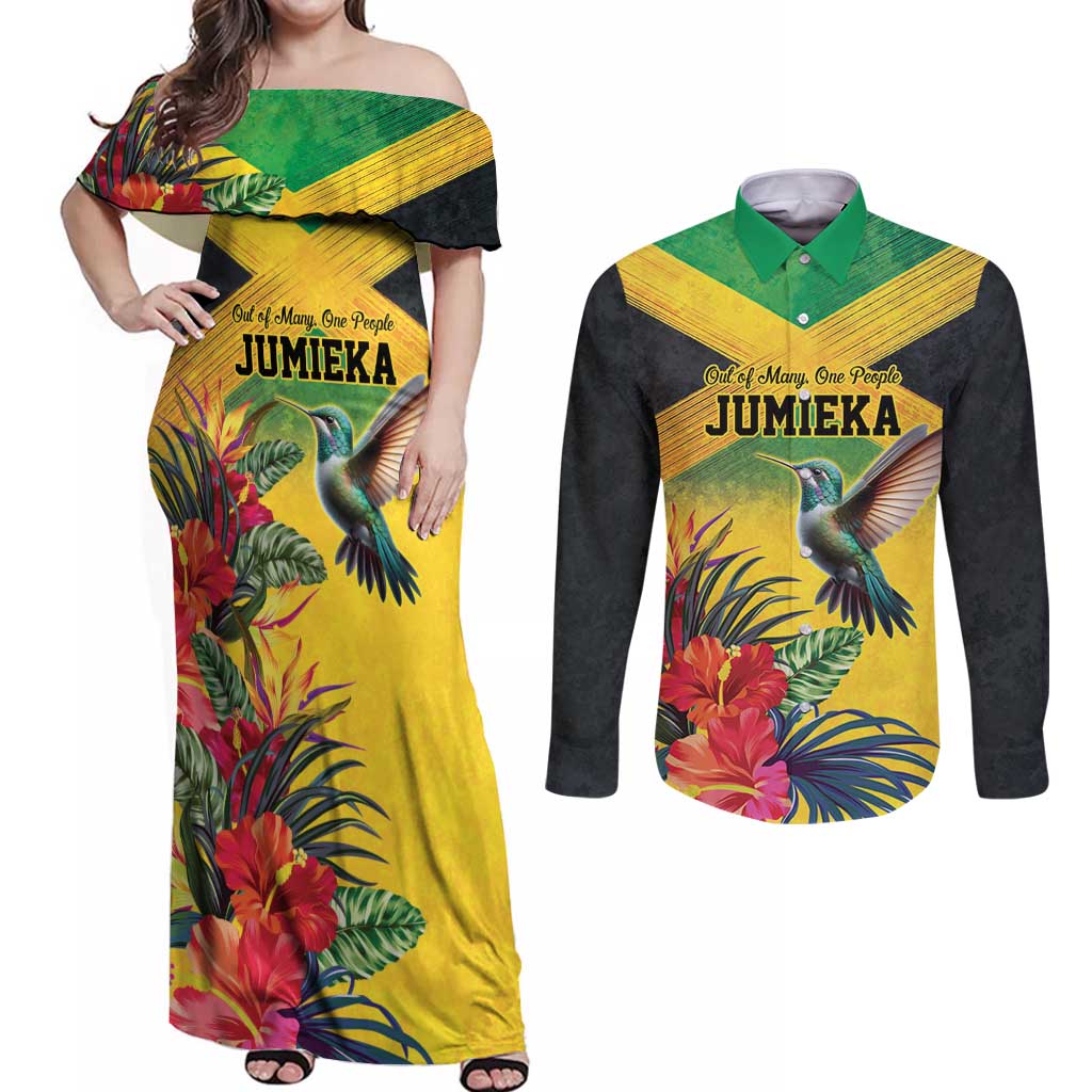 Personalized Jamaica Hummingbird Couples Matching Off Shoulder Maxi Dress and Long Sleeve Button Shirt Tropical Flowers Grunge Flag - Wonder Print Shop