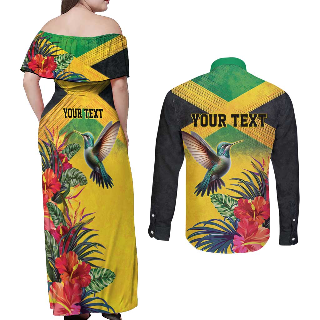 Personalized Jamaica Hummingbird Couples Matching Off Shoulder Maxi Dress and Long Sleeve Button Shirt Tropical Flowers Grunge Flag - Wonder Print Shop