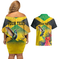 Personalized Jamaica Hummingbird Couples Matching Off Shoulder Short Dress and Hawaiian Shirt Tropical Flowers Grunge Flag - Wonder Print Shop