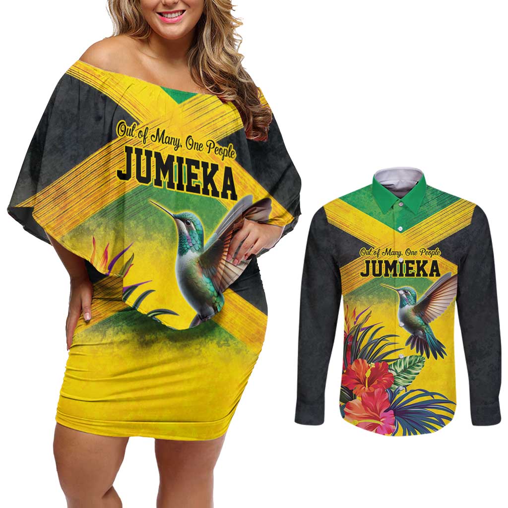 Personalized Jamaica Hummingbird Couples Matching Off Shoulder Short Dress and Long Sleeve Button Shirt Tropical Flowers Grunge Flag - Wonder Print Shop