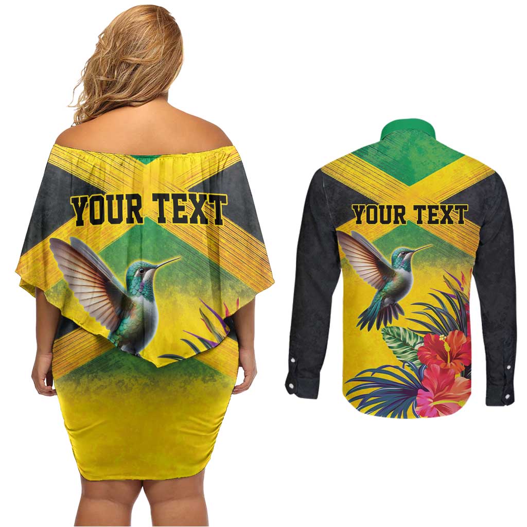 Personalized Jamaica Hummingbird Couples Matching Off Shoulder Short Dress and Long Sleeve Button Shirt Tropical Flowers Grunge Flag - Wonder Print Shop
