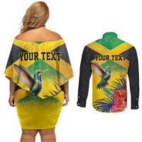 Personalized Jamaica Hummingbird Couples Matching Off Shoulder Short Dress and Long Sleeve Button Shirt Tropical Flowers Grunge Flag - Wonder Print Shop