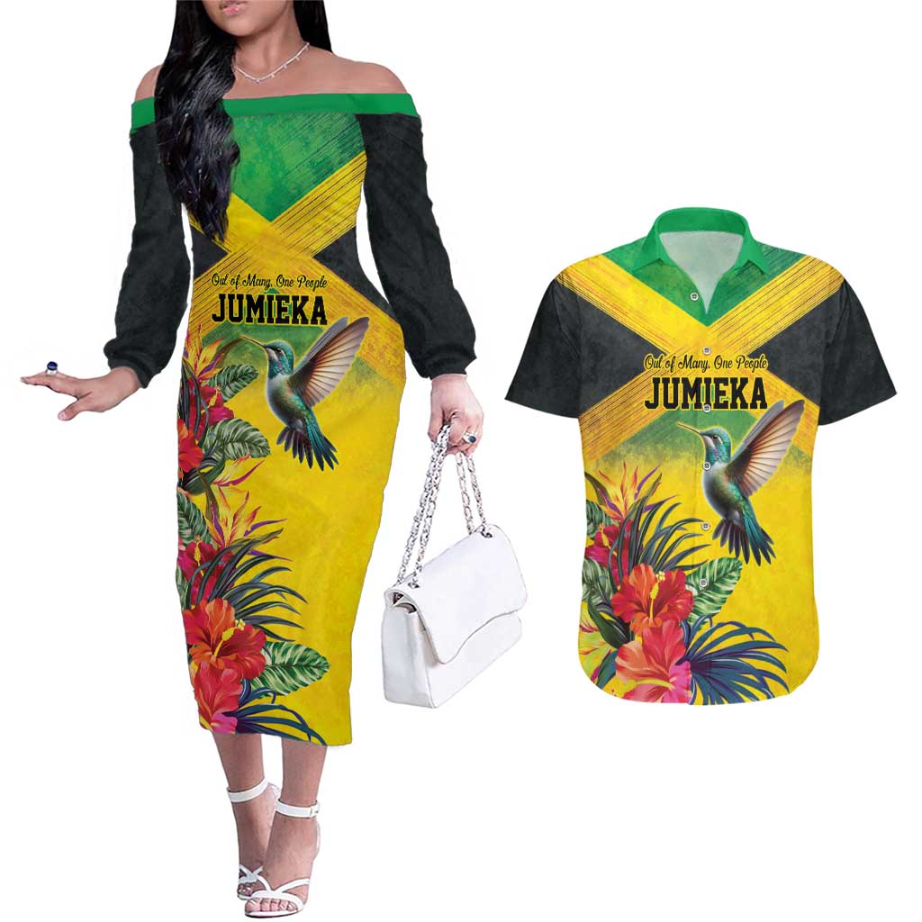 Personalized Jamaica Hummingbird Couples Matching Off The Shoulder Long Sleeve Dress and Hawaiian Shirt Tropical Flowers Grunge Flag - Wonder Print Shop