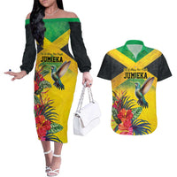 Personalized Jamaica Hummingbird Couples Matching Off The Shoulder Long Sleeve Dress and Hawaiian Shirt Tropical Flowers Grunge Flag - Wonder Print Shop