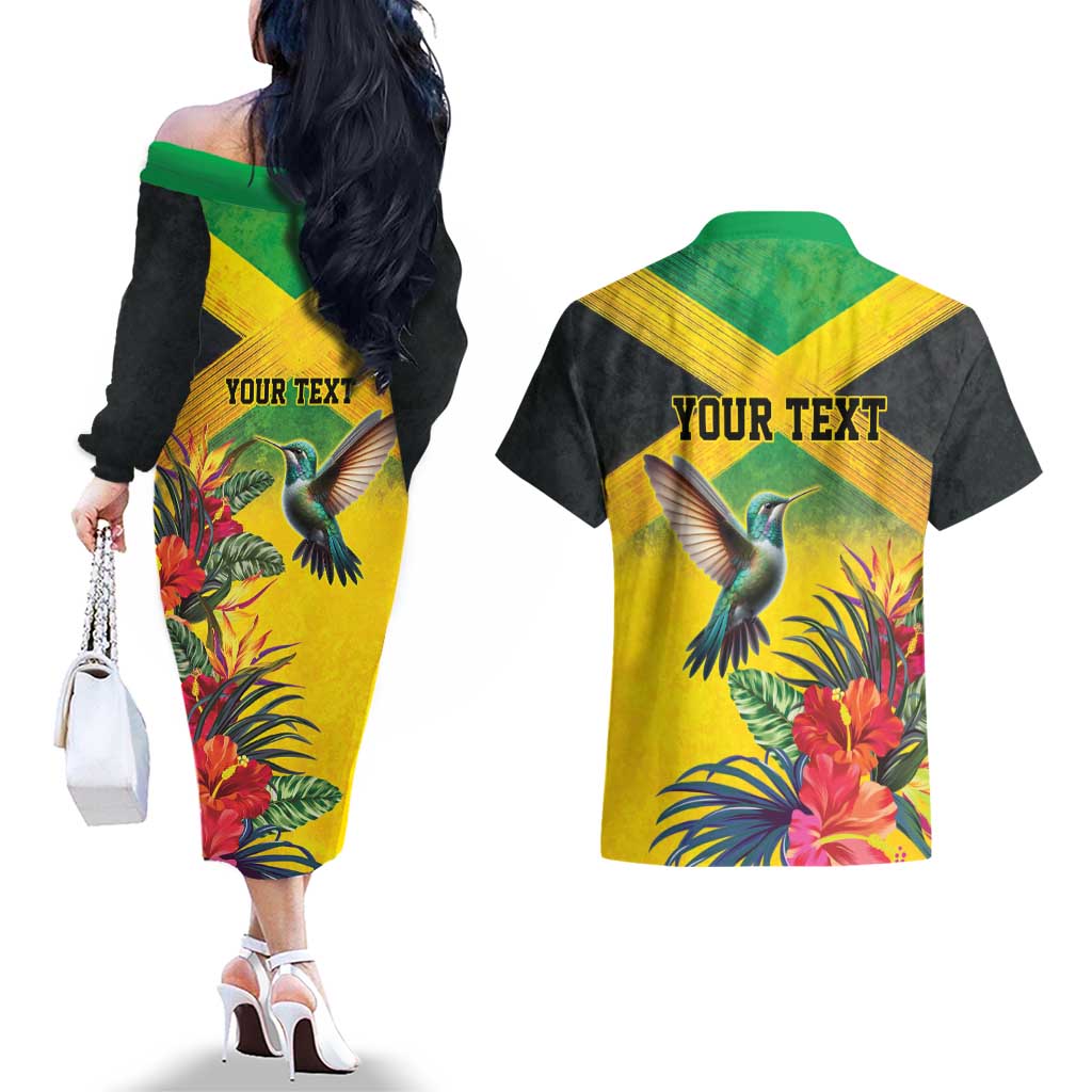 Personalized Jamaica Hummingbird Couples Matching Off The Shoulder Long Sleeve Dress and Hawaiian Shirt Tropical Flowers Grunge Flag - Wonder Print Shop
