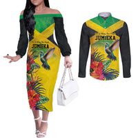 Personalized Jamaica Hummingbird Couples Matching Off The Shoulder Long Sleeve Dress and Long Sleeve Button Shirt Tropical Flowers Grunge Flag - Wonder Print Shop