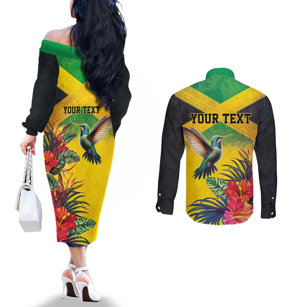 Personalized Jamaica Hummingbird Couples Matching Off The Shoulder Long Sleeve Dress and Long Sleeve Button Shirt Tropical Flowers Grunge Flag - Wonder Print Shop