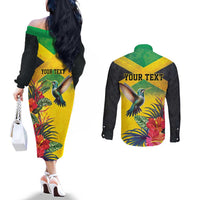 Personalized Jamaica Hummingbird Couples Matching Off The Shoulder Long Sleeve Dress and Long Sleeve Button Shirt Tropical Flowers Grunge Flag - Wonder Print Shop