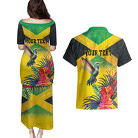 Personalized Jamaica Hummingbird Couples Matching Puletasi and Hawaiian Shirt Tropical Flowers Grunge Flag - Wonder Print Shop