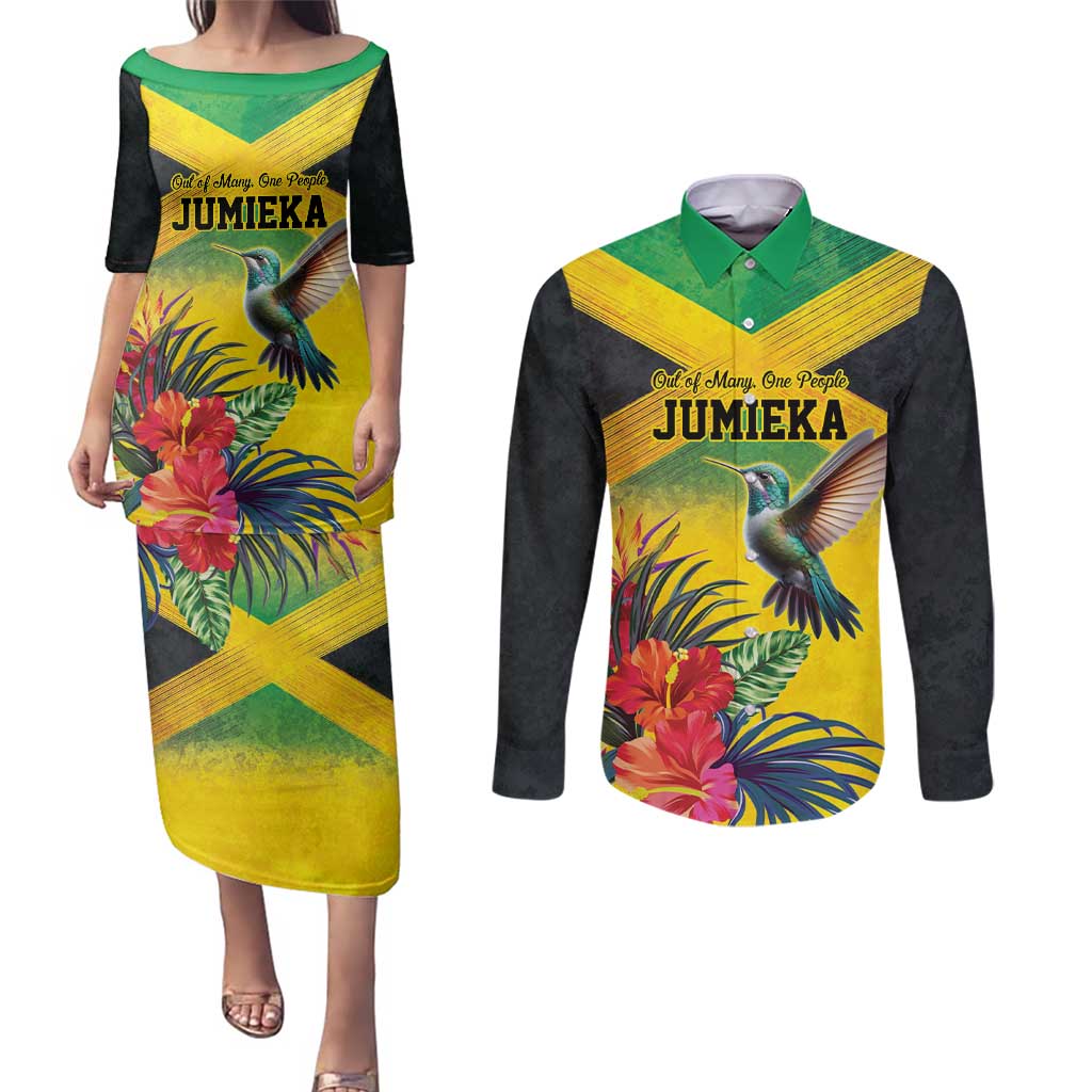 Personalized Jamaica Hummingbird Couples Matching Puletasi and Long Sleeve Button Shirt Tropical Flowers Grunge Flag - Wonder Print Shop